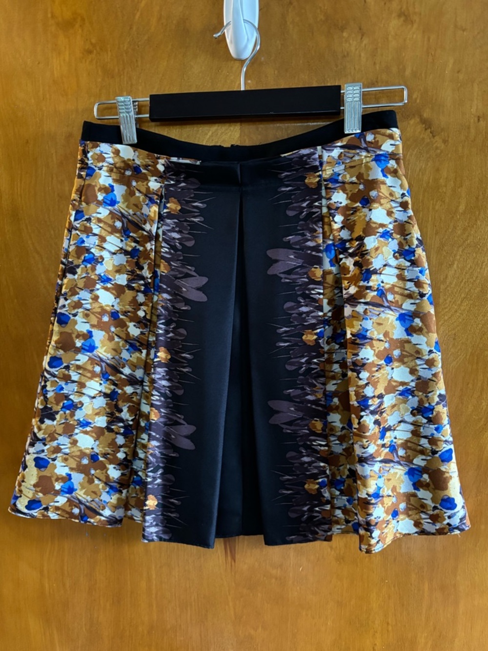 Tibi Black Floral Panel Mini Skirt with Blue and Gold Accents